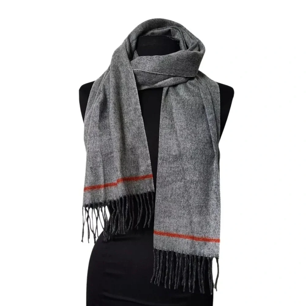 Men's Scarf Made in Germany SOFT Grey Charcoal‎ Fringe Blood Orange Stripe EUC